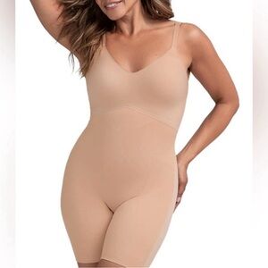 HoneyLove Superpowers mid thigh bodysuit sand 2X Sculptwear shapewear tan